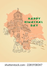 Plantilla de diseño creativo para la celebración del Día de Himachal Pradesh con ilustraciones de bailarinas, el mapa del estado y el Rashtrapati Niwas.