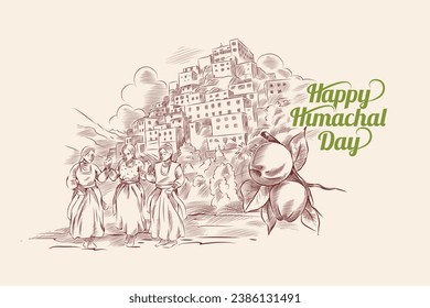Creative design template for Himachal Pradesh day celebration with illustration of dancers in the background of a beautiful landscape.