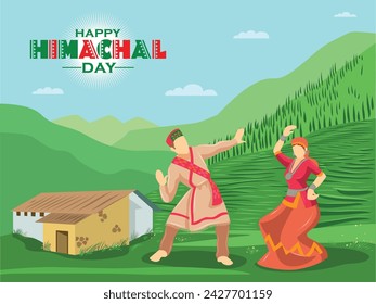 Creative design template for Himachal Pradesh day celebration with illustration of couple dancing. 