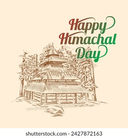 Plantilla de diseño creativo para la celebración del día de Himachal Pradesh con ilustración del famoso templo Hadimba en estilo de grabado.