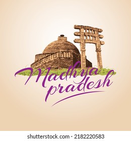 Plantilla de diseño creativo para el estado de Madhya Pradesh con la ilustración del monumento a la piedra de Sanchi. 