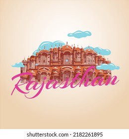 Creative design template for the state of Rajasthan, India with the illustration of Hawa Mahal Palace in Jaipur.