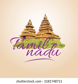 Plantilla de diseño creativo para el estado de Tamil Nadu, India con la ilustración del famoso templo costero en Mahabalipuram.