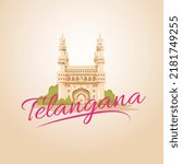 Creative design template for the state of Telangana with the illustration of Charminar monument in Hyderabad. 