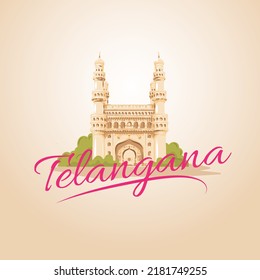 Creative design template for the state of Telangana with the illustration of Charminar monument in Hyderabad. 