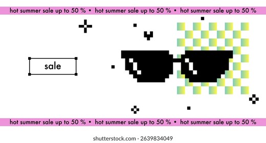Creative design template for summer season sale. White background with 8 bit style black sunglasses and pixel pattern elements. Trendy summer design for poster, sales, cover, ads, banner, header