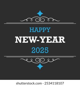 Um design criativo intitulado: Elegante Preto e Azul Feliz Ano Novo 2025 Design