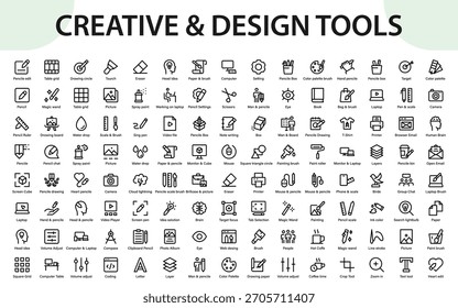 Colección de iconos de herramientas creativas y de diseño. arte, edición, croquis, paletas de colores, lápices, cuadrículas y recursos de diseño