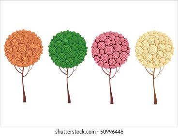 Creative design tree with four different color variations. Drawings are 2d