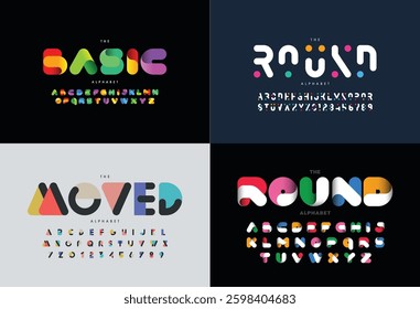 Creative Design vector Font of twisted Ribbon for Title, Header, Lettering, Logo. Funny Entertainment Active Sport Technology areas Typeface. Colorful rounded Letters and Numbers.
