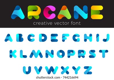 Creative Design vector Font of twisted Ribbon for Title, Header, Lettering, Logo.
Funny Entertainment Active Sport Technology areas Typeface. Colorful rounded Letters and Numbers.