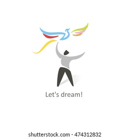 Creative design. The vector image of a man the issuing colored bird in the sky.