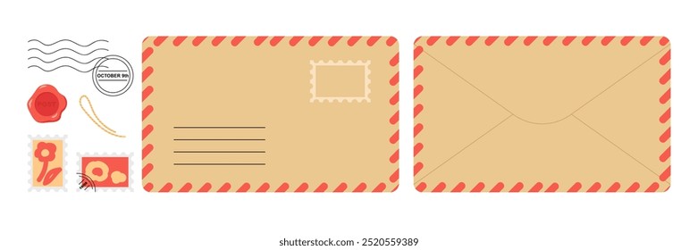 Design criativo de envelopes vintage-estilo com selos, selos e elementos de carimbo postal para a elaboração