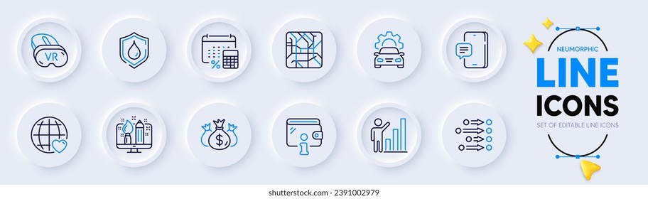 Creative design, Vr and Check investment line icons for web app. Pack of Annual tax, Order, Phone message pictogram icons. International love, Wallet, Graph chart signs. Metro map. Vector