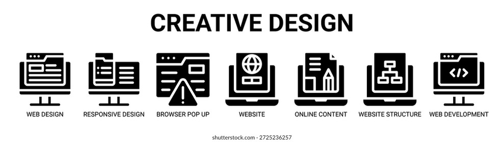 Creative Design Web-Banner-Symbol Vektorgrafik-Konzept mit Symbol für Web-Design, reaktionsfähiges Design, Browser-Pop-up, Website, Online-Inhalte, Website-Struktur und Web-Entwicklung.