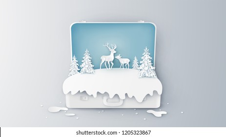 Creative Design For Winter Landscape And Deer Family Inside Suitcase. Open Suitcase For Winter. Graphic Design For Winter. Paper Cut And Craft Design. Vector, Illustration.