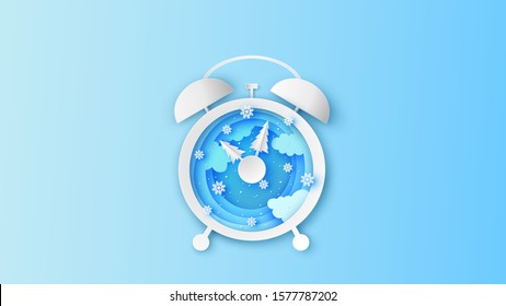 Creative design of winter landscape inside the alarm clock in the Mid morning. Alarm clock design for Winter. paper cut and craft style. vector, illustration.