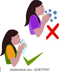 Creative design of women explaining how to sneeze by covering your nose and how not to sneeze to stop the spread the corona virus disease in public or in private.