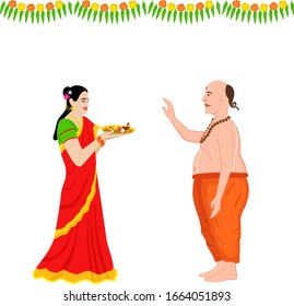 Creative design of the women worshiping a indian priest panditji in a very traditional style in traditional saree and a pooja plate in hand. And the priest is giving the blessings.