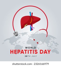 Diseño creativo para el Día Mundial de la Hepatitis, medios sociales y afiche. Ilustración 3D. 28 de julio. Desechos hepáticos, cáncer y cirrosis abstracta gráfica.