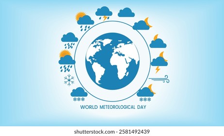 A creative design for World Meteorological Day (WMO Day) featuring the Earth surrounded by various weather symbols, including rain, sun, snowflakes, lightning, and wind, symbolizing global weather .