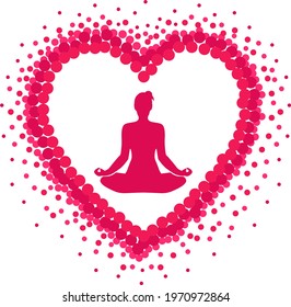 Creative design of the yoga girl in padmasana pose in the middle of the abstract heart and circular designs in a very bright colors.