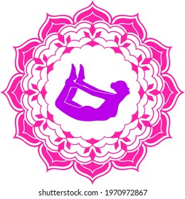 Creative design of the yoga girl in padmasana pose in the middle of the abstract heart and circular designs in a very bright colors.