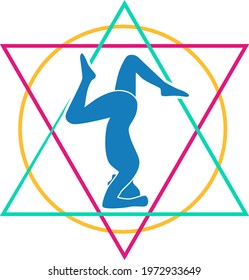 Creative design of the yoga pose headstand in the middle of the triangles and the circle in a very attractive style.