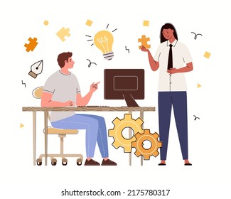 Creative design-development team is working on project in studio. Process of creating and searching for new unusual ideas. Flat cartoon vector illustration.