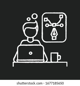 Icono creativo de diseño con tiza blanca sobre fondo negro. Presentación y diseño de escritorio. Edición, gráficos de equipo, proyecto multimedia. Trabajo independiente y remoto. Ilustración aislada de cartón vectorial