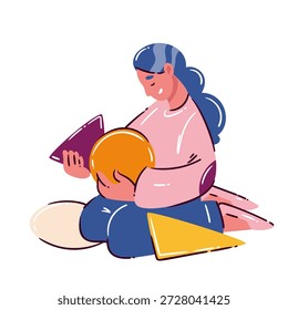 Personagem designer criativo segurando formas geométricas esfera, cone e triângulo. Designer explorando forma, composição e abstração, pensamento visual, processo criativo, ilustração de vetor de desenhos animados