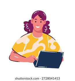 Personagem designer criativo que trabalha com laptop e tablet. Designer focado em trabalho digital, dispositivo de tela, processo criativo, fluxo de trabalho moderno, ilustração de vetor de desenhos animados.