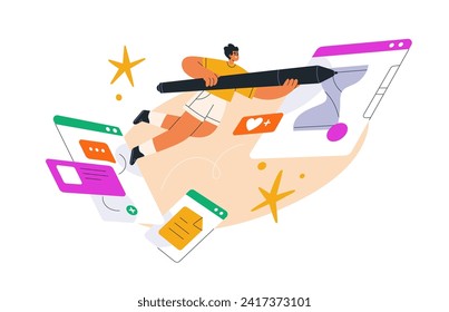 Creative designer creating digital content. Work process in UI, web interface design. Creativity and online marketing communication concept. Flat vector illustration isolated on white background