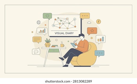 Creative designer creating his personal visual diary on a tablet while sitting in a comfortable armchair.