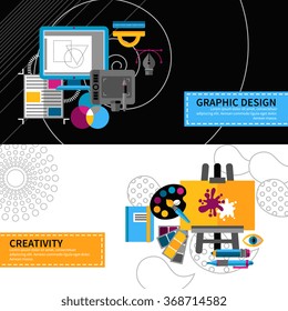 Creative designer horizontal banners set with graphic design symbols flat isolated vector illustration 