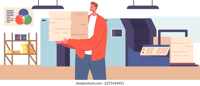 Hombre creativo de diseño lleva una tela de papel en el interior de la imprenta de tipografía con equipo. Trabajo en estudio