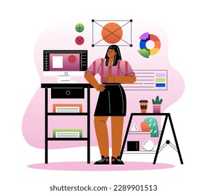 Creative designer profession. Girl creates stylish posters and graphic design elements. UI UX designer working on project on computer. inspiration and imagination. Cartoon flat vector illustration
