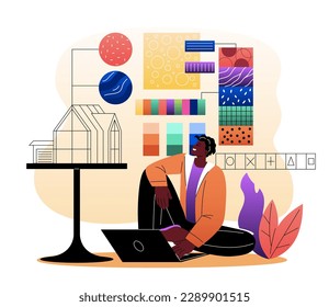 Creative designer profession. Smiling man with laptop creates stylish interior design for house or apartment. Selection of wallpaper and furniture. Architect at work. Cartoon flat vector illustration