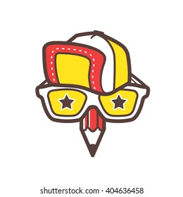 Creative designer or studio logo template. Geek face with baseball cap, sunglasses and pencil for hipster or nerd avatar vector icon