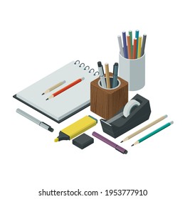 Creative Designer Tools And Stationery On White Background, Isometric Objects