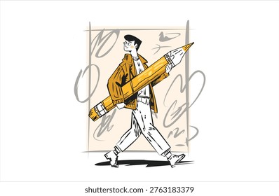 Creative designer walking with oversized pencil illustration representing imagination creativity artistic workflow and idea development in modern hand drawn flat style