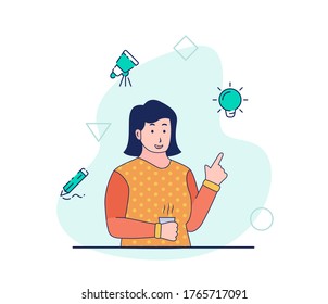 El trabajo creativo de una diseñadora mujer consigue la innovación de ideas el desarrollo de ideas el diseño de dibujos de diseño de dibujos en proceso creativo con el estilo moderno de dibujos animados planos