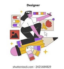 Creative Designer at Work. An artist brings concepts to life with vibrant colors and imaginative designs, symbolizing the essence of visual creation. Flat vector illustration