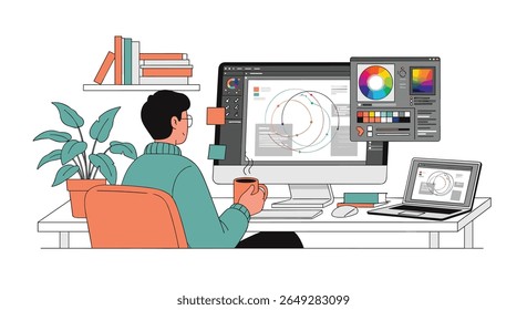 A creative designer works on a complex graphic design project at their desk with a computer and laptop