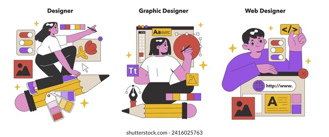 Creative Designers at Work set. Enthusiastic artists engaged in graphic and web design, crafting visuals and interfaces with artistic flair. Flat vector illustration.