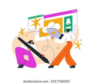 Los diseñadores creativos trabajan bajo contenido visual virtual digital. El marketing en línea y el concepto de creatividad. Creadores de Internet, artistas. Ilustración vectorial gráfica plana aislada en fondo blanco