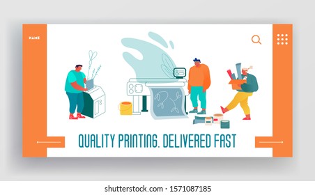 Creative Designers Working with Equipment Website Landing Page. Girl Carry Box with Paper Rolls. Typography Printing House Agency Workflow Process Web Page Banner. Cartoon Flat Vector Illustration