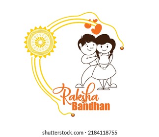 diseños creativos de un festival indio Rakshabandhan con hermosos y cariñosos personajes de caricatura de hermano y hermana y mandala con caligrafía