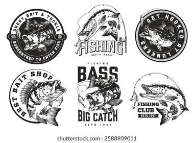 Creative designs showcase fishing themes with various illustrations of fish hooks and text. These visuals represent different fishing shops and clubs with unique branding elements.