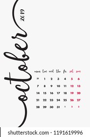 Creative Desk Calendar 2019 Design. Page 10 of 12 - October 2019. 12 Months Pages Set.  Table Diary Design Layout.
